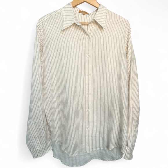 Vrg Grl Tops - VRG GRL Linen Pinstripe Button Down Long Sleeve Oversized Shirt Coastal | Sz S/M